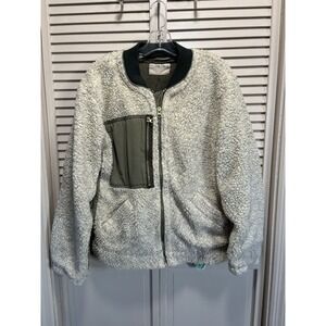We The Free Jacket Womens Sherpa Bomber Zip Up Size XS Pockets Ivory/Green Lined